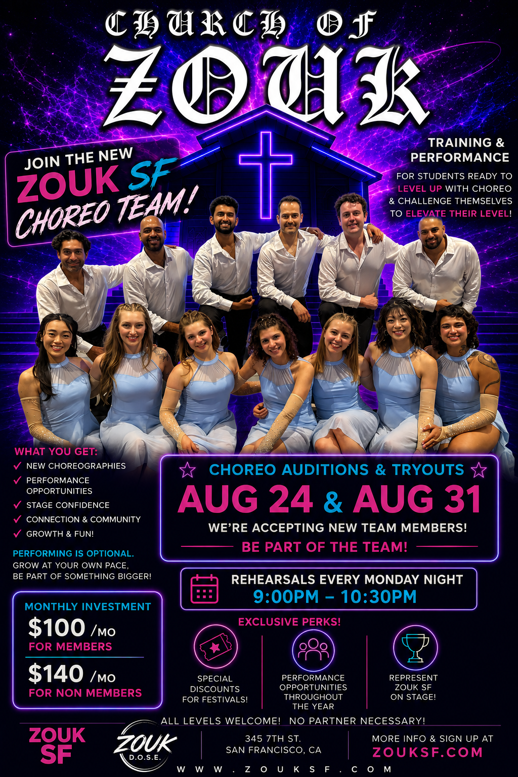Join the Zouk SF Choreo Team — auditions and tryouts August 24 and August 31, rehearsals every Monday night 9:00-10:30 PM