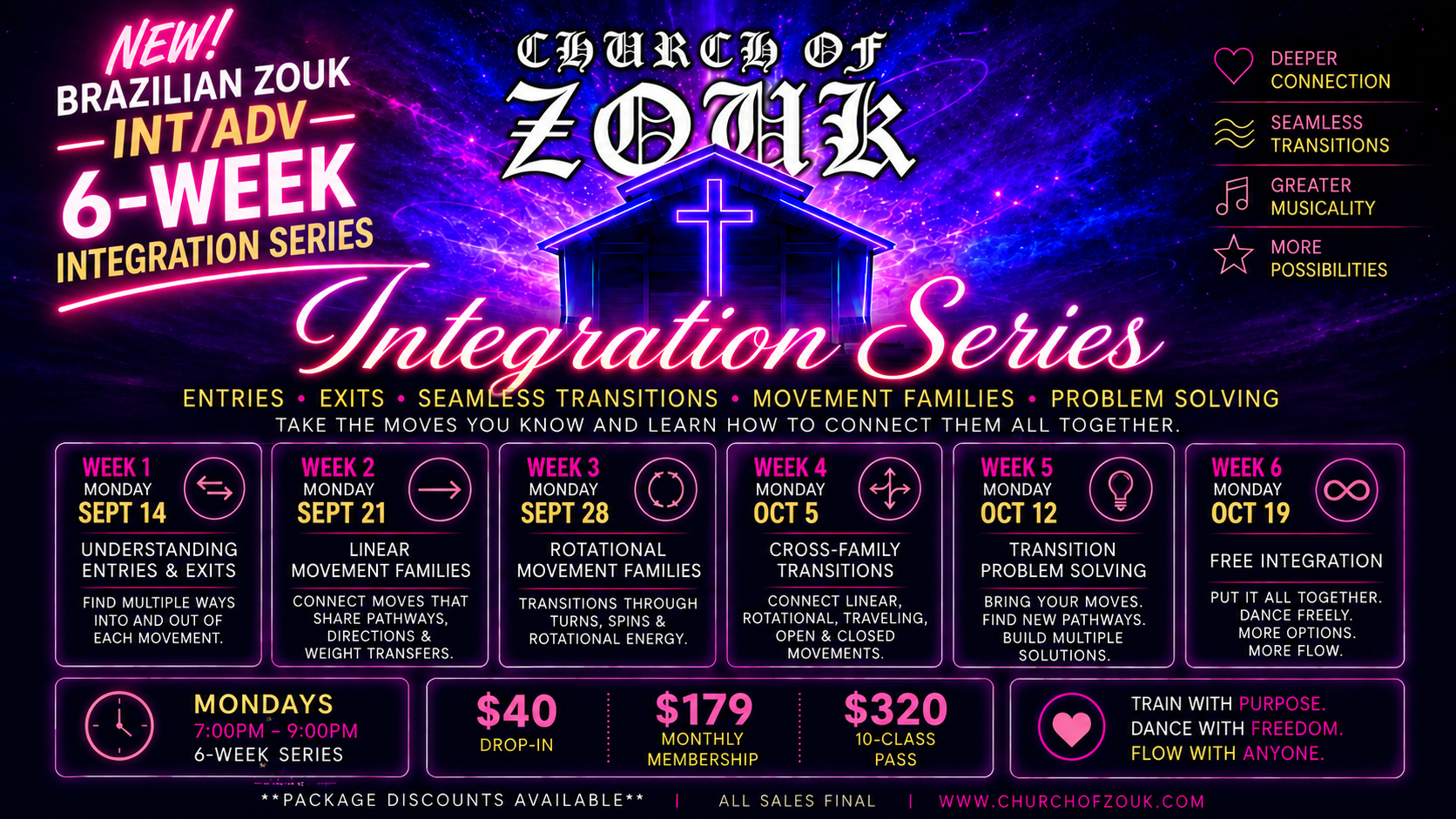 Intermediate and advanced Integration Series flyer with the six-week curriculum from September 14 through October 19